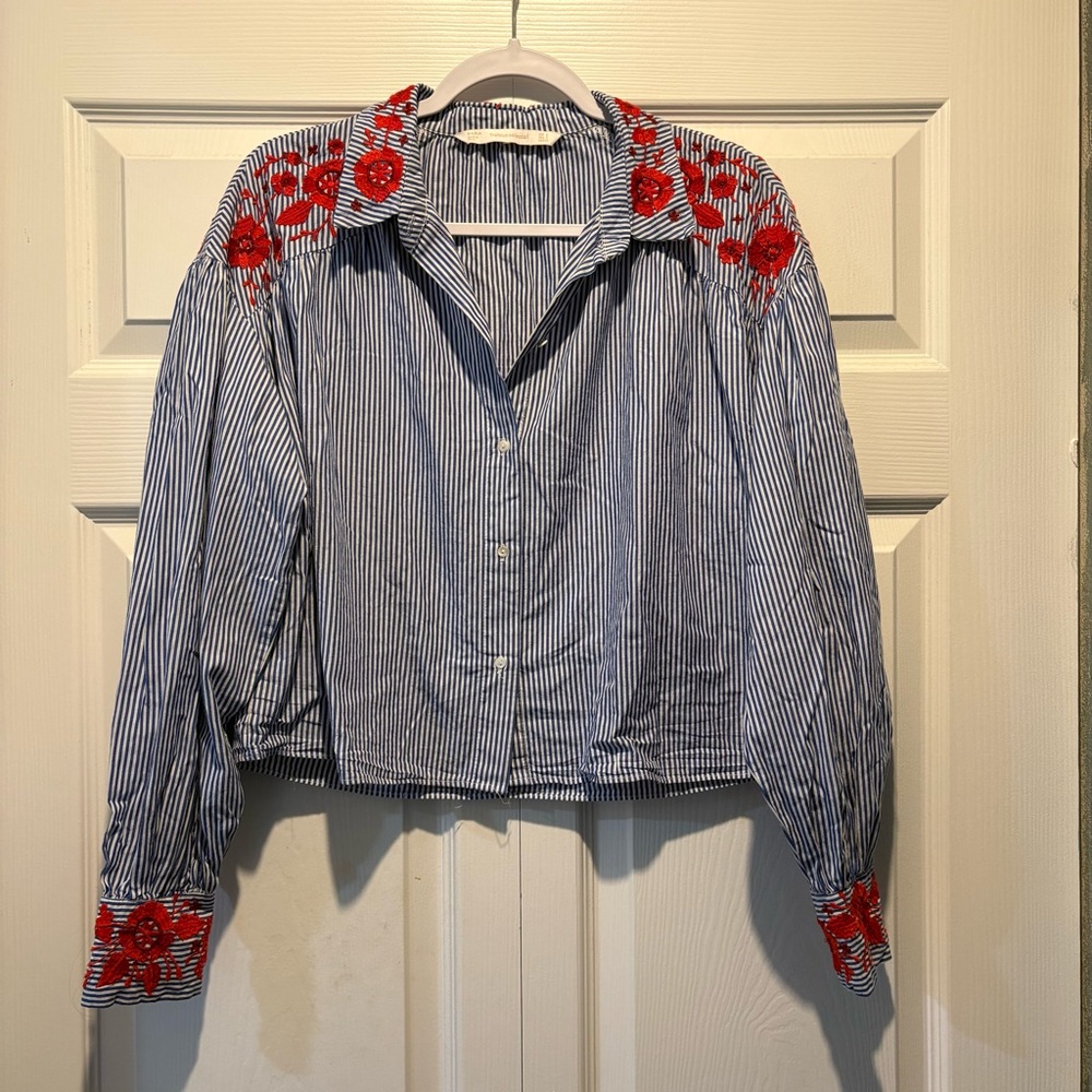 Zara Trafaluc Collection Blue White Stipe Button-Front Embroidered Western Sz S